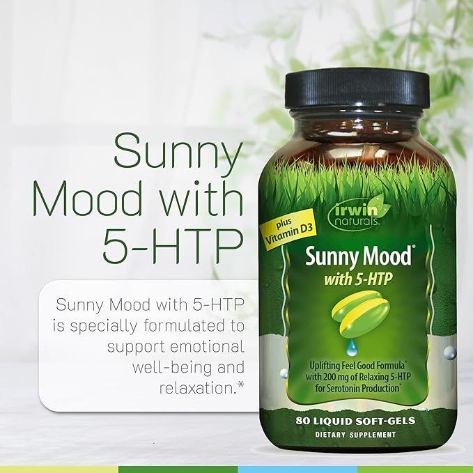 Irwin Naturals Sunny Mood with 5-HTP - 80 Liquid Soft-Gels - Supports Emotional Well-Being &amp Relaxation - 40 Servings