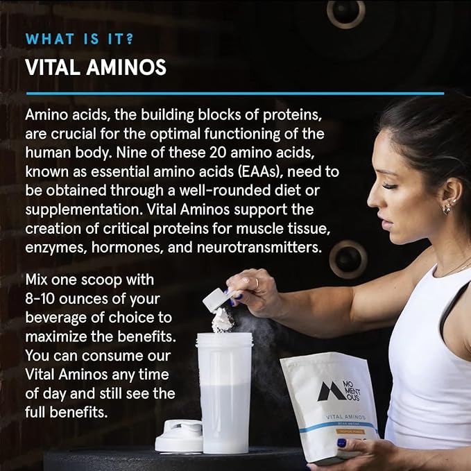 Momentous Vital Aminos Powder Supplement - BCAA &amp EAA - Tropical Punch - NSF Certified for Sport - GMO- &amp Gluten-Free - 30 Servings - Package May Vary