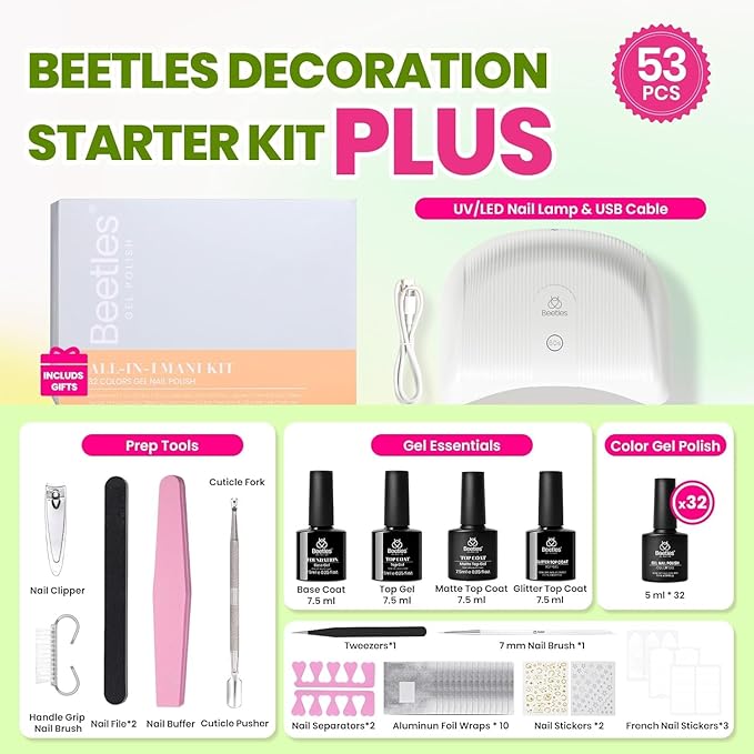 Beetles Gel Nail Polish Kit with U V Light - 53 Pcs Emotional Spectrum Pro 32 Colors Gel Nail Kit with Base &ampMatte &ampGlossy Top Coat and Tools Decoration Manicure Set Soak Off Gifts for Women G