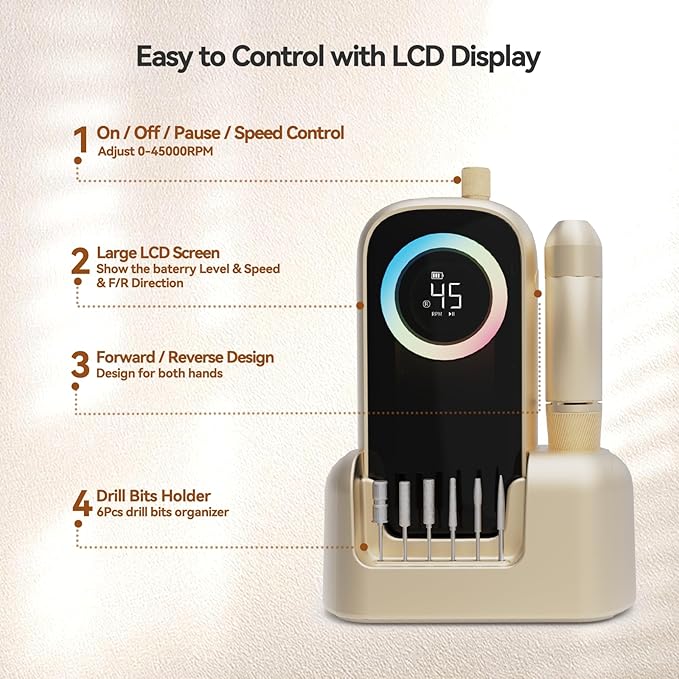 Electric Nail Drill 45000RPM 2025 Pro High Tech Fast Remove Cordless Nails Drill with Rechargeable Stand for Acrylic Nails 12Pcs Drill Bits and Holder LCD Professional Nail Machine for Salon Home
