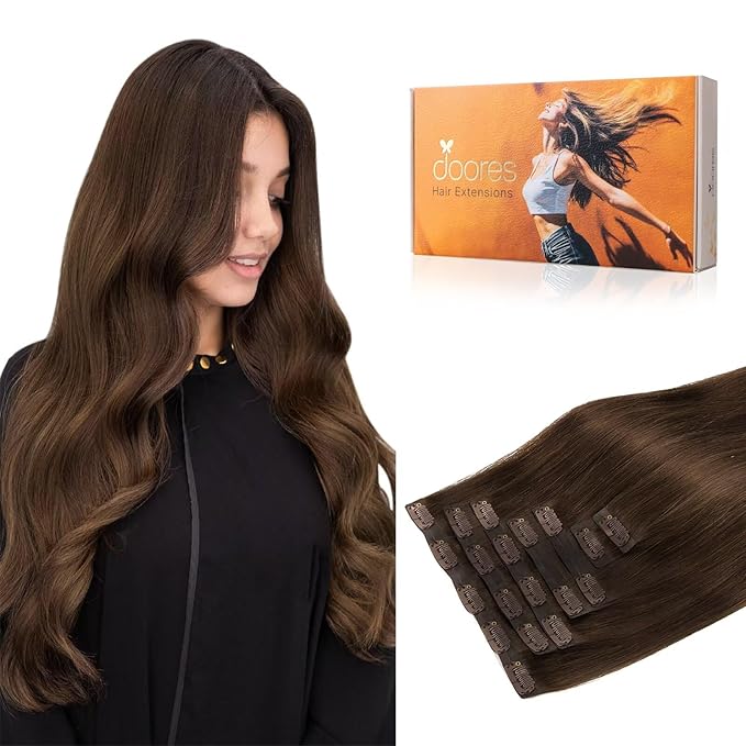 DOORES Seamless Clip-in Hair Extensions Chocolate Brown 24 Inch 120g 7pcs Remy Human Hair Natural Straight Invisi Edge Extensions