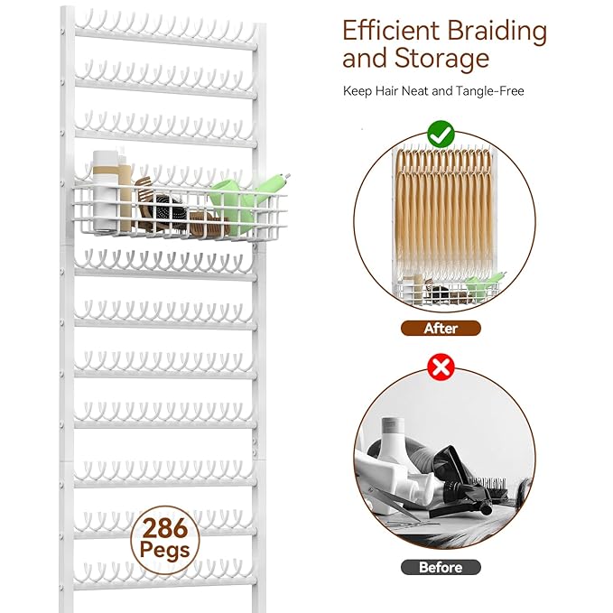 Braiding Hair Rack White Braiding Rack Stand for Salon 2-Sided Hair Rack 286 Pegs Hair Extension Holder Standing Braid Rack for Home Hair Separator Braid Rack with wheels