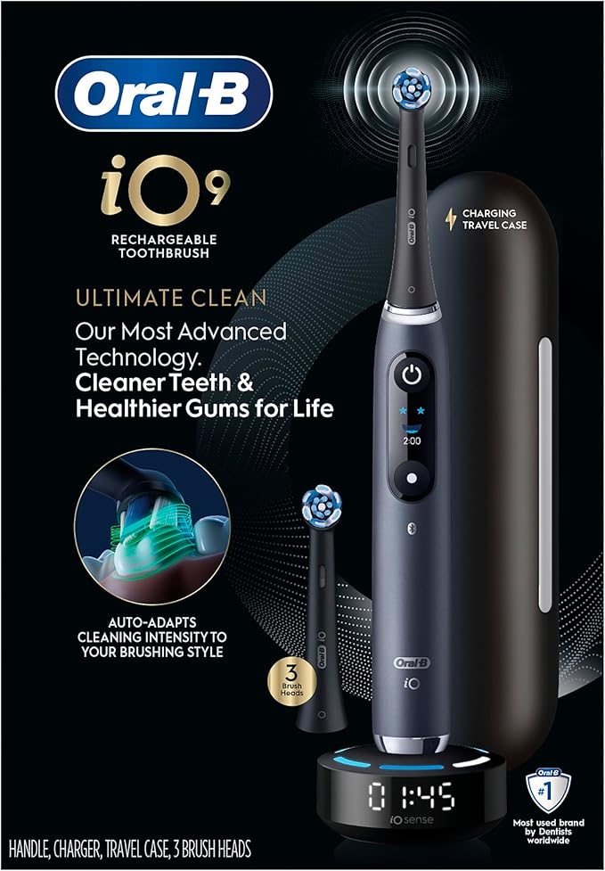 Oral-B iO Series 9 Limited Rechargeable Black Electric Toothbrush with (2) Ultimate Clean and (1) Gentle Care Replacement Brush Heads Black Travel Case and Charger