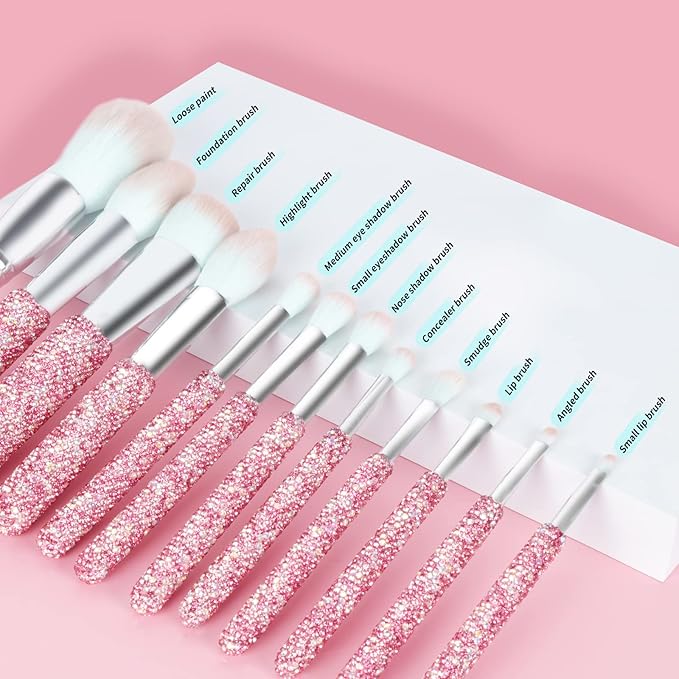 Makeup Brushes Bling Crystal Professional Face Cosmetics Blending Liquid Foundation Powder Concealer Eye Shadows Make Up Beauty Tool Glitter(12PCS) (Purely Handmade)(Pink)