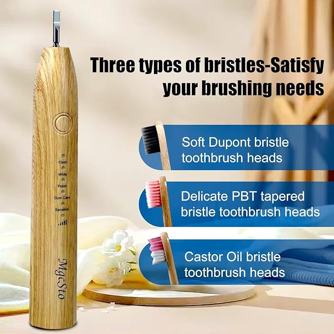 Electric Bamboo Toothbrush Sonic Toothbrush - 4 Replaceable Bamboo Brush Heads Eco-Friendly IPX7 Waterproof Electric Toothbrush One-Button Switch Five-Mode Brushing