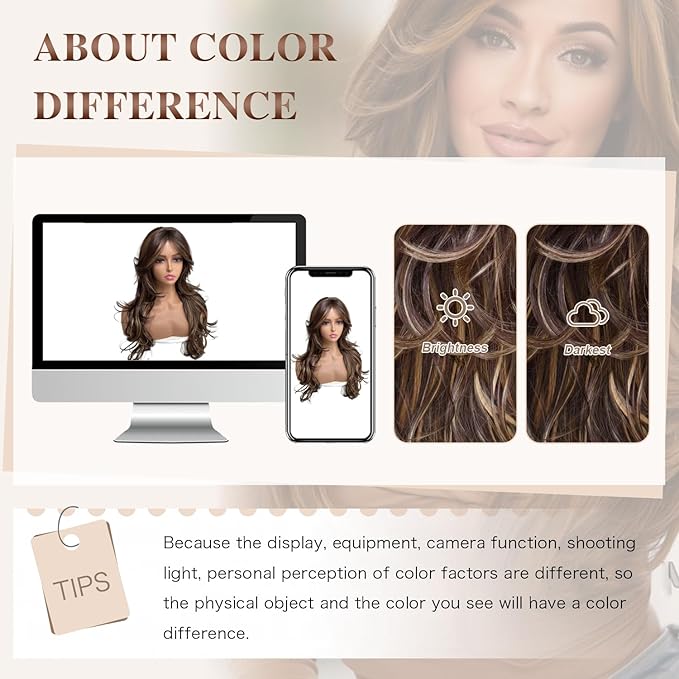 Highlight Dark Brown Mix Honey Blonde Long Layered Wavy Wigs with Bangs for Black White Women Synthetic Highlight Brown Layered with Curtain Bangs Wig Body Wave Shaggy Hair for Daily Use 24Inch