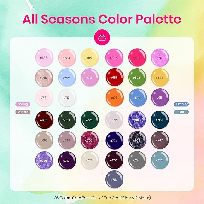 Beetles Winter Gel Nail Polish 36 Colors Palette Green Brown Pink Yellow Blue Nude Glitter Color Gel Polish with Base Top Coat Soak Off UV LED All Seasons Gift for Women Girls