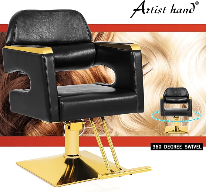 Artist hand Barber Salon Chair Hair Stylist Chair with Heavy Duty Hydraulic Pump 360 Degree Swivel Spa Beauty Equipment Max Load Weight 330 Lbs Black and Gold