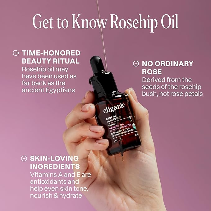 Cliganic Organic Rosehip Seed Oil for Face 100% Pure | Natural Cold Pressed Unrefined Non-GMO | Carrier Oil for Skin Hair &amp Nails (Packaging May Vary)