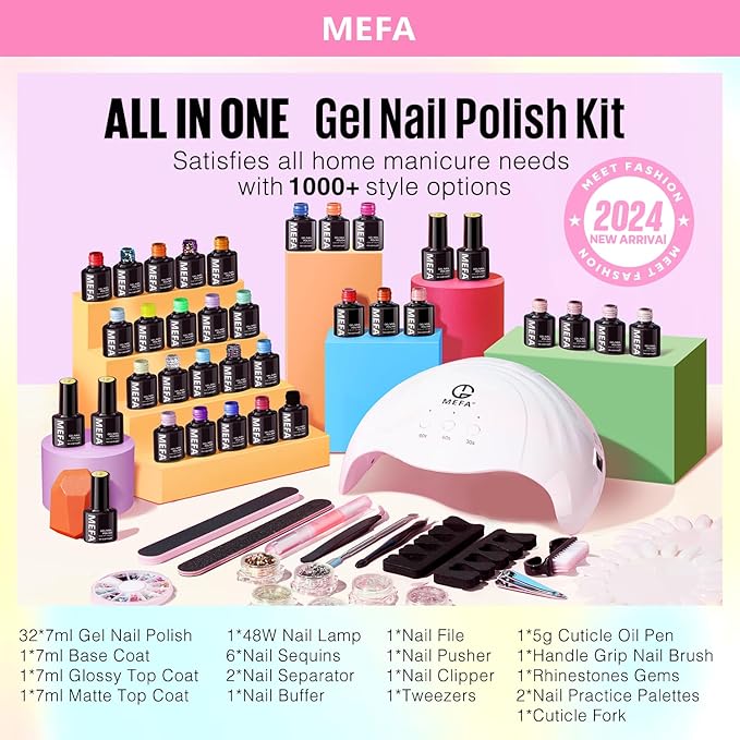 MEFA 56 Pcs Gel Nail Polish Kit with U V Light 32 Colors Bright Neon Spring Summer Fall Pink Gel Polish Nail Set Essential Manicure Tools Nails Decorations Gifts for Women