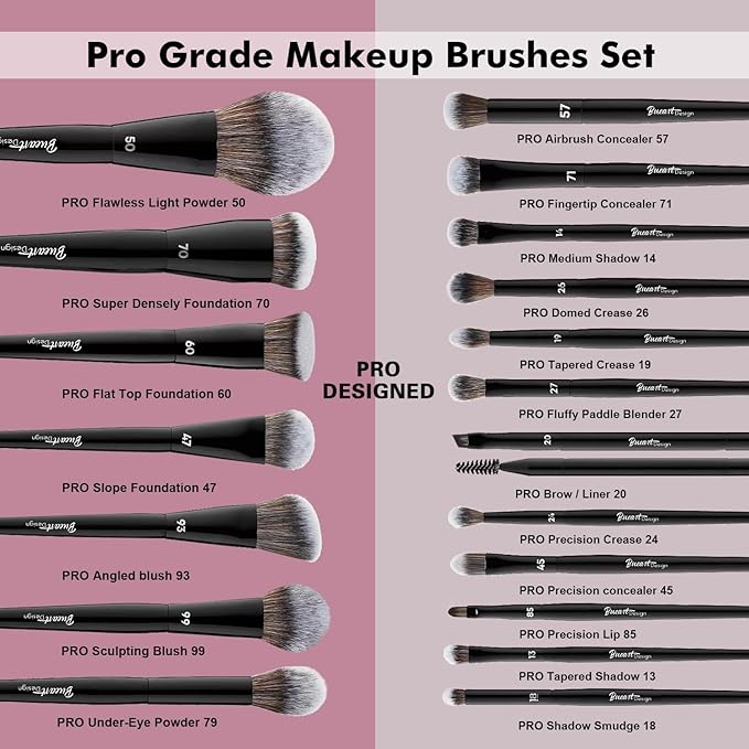 Bueart Design 19Pcs Professional Grade Labeled Makeup Brushes Set Large Foundation Powder Contour Concealer eyeshadow Blush EyeLiner Make up BrushesPremium Synthetic hairVegan Cruelty-free