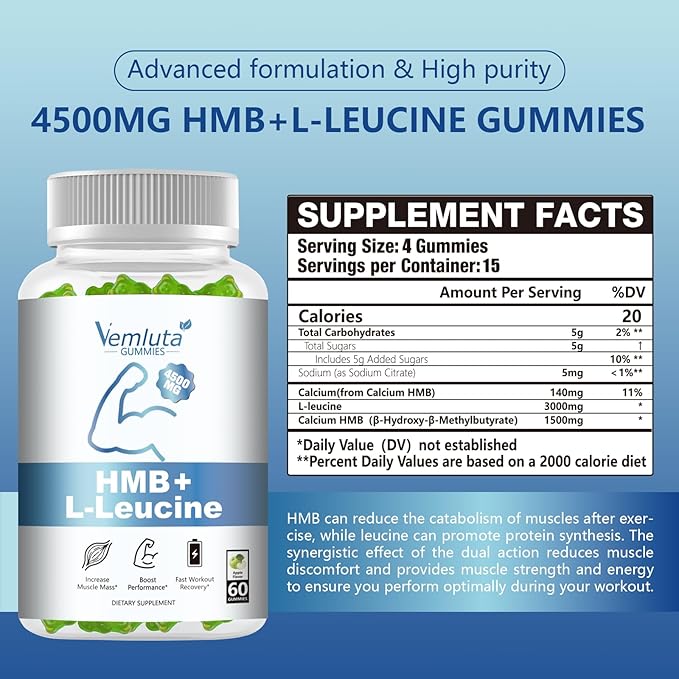 2 Packs HMB and Leucine Supplements Gummies for Men Women - 4500MG HMB ï¼?Leucine for Muscle Recovery &amp Growth Support Non-GMO Gluten-Free Adults &amp Elder Apple Flavor 120 Counts