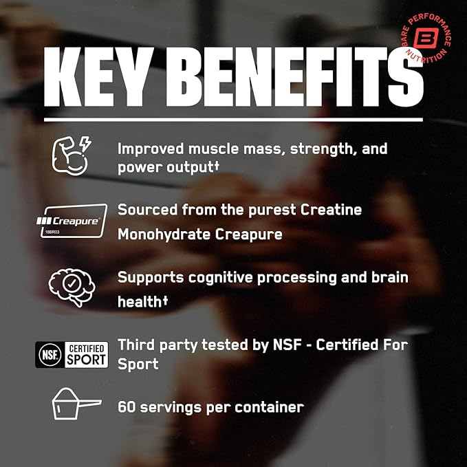 BARE PERFORMANCE NUTRITION BPN Pure Creatine Monohydrate Powder by Creapure 5g of Creatine per Serving Supports Muscle Growth Unflavored Creatine Powder 60 Servings