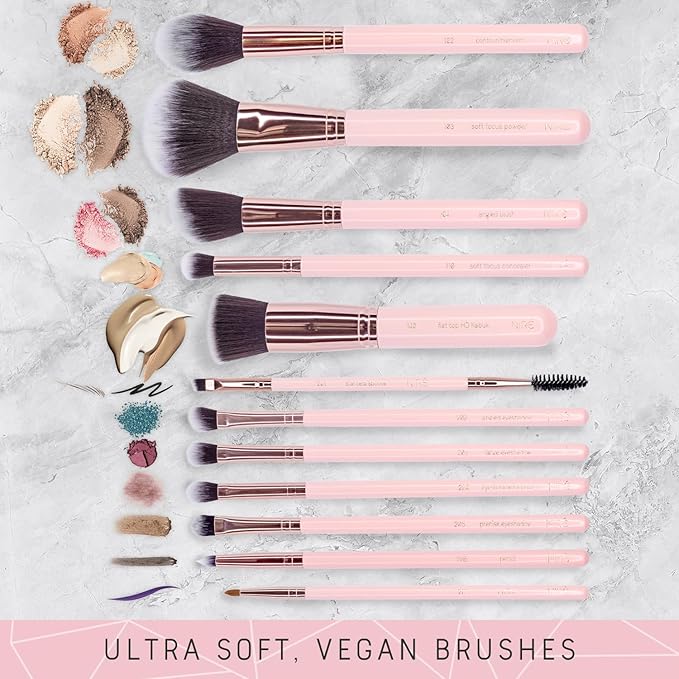 Nir? Beauty 15piece Award Winning Pink Makeup Brushes: Pink Makeup Brush Set with Case Makeup Sponge Brush Cleaner Guide Gift Box