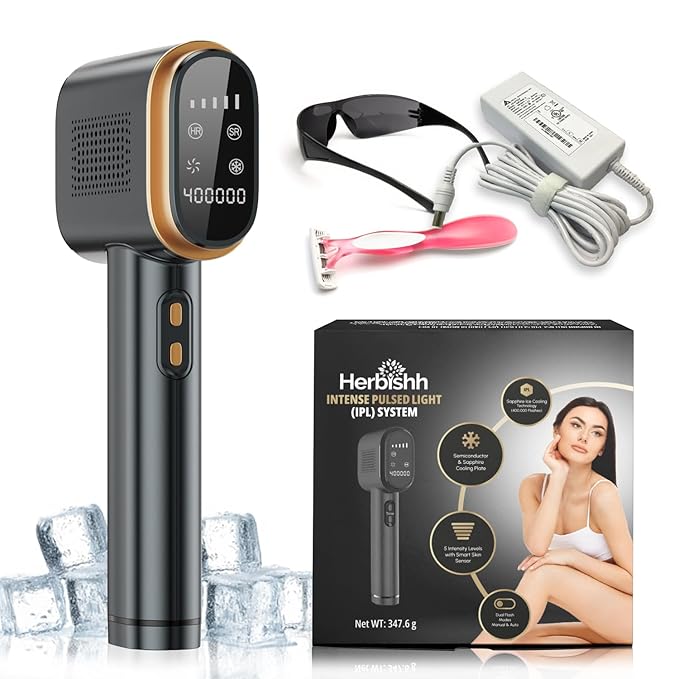 Herbishh IPL Laser Hair Removal Device Painless Cooling Technology- 400000 Flashes Hair Removal Machine with 5 Intensity Levels Skin Sensor &amp Dual Flash Modes- Manual &amp Auto For Face &amp