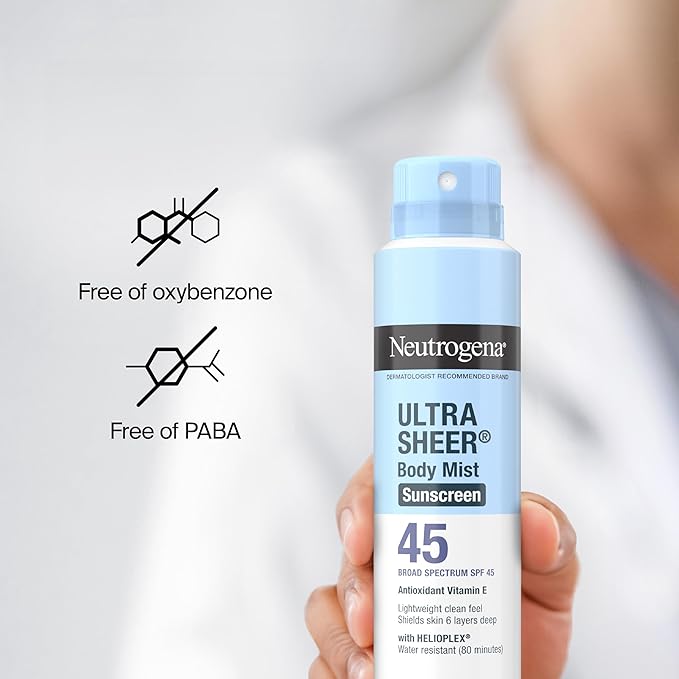 Neutrogena Ultra Sheer Body Mist Sunscreen Spray Broad Spectrum SPF 45 Lightweight Spray Sunscreen Non-Greasy &amp Water Resistant Oil-Free &amp Non-Comedogenic UVA/UVB 5 oz Pack of 3