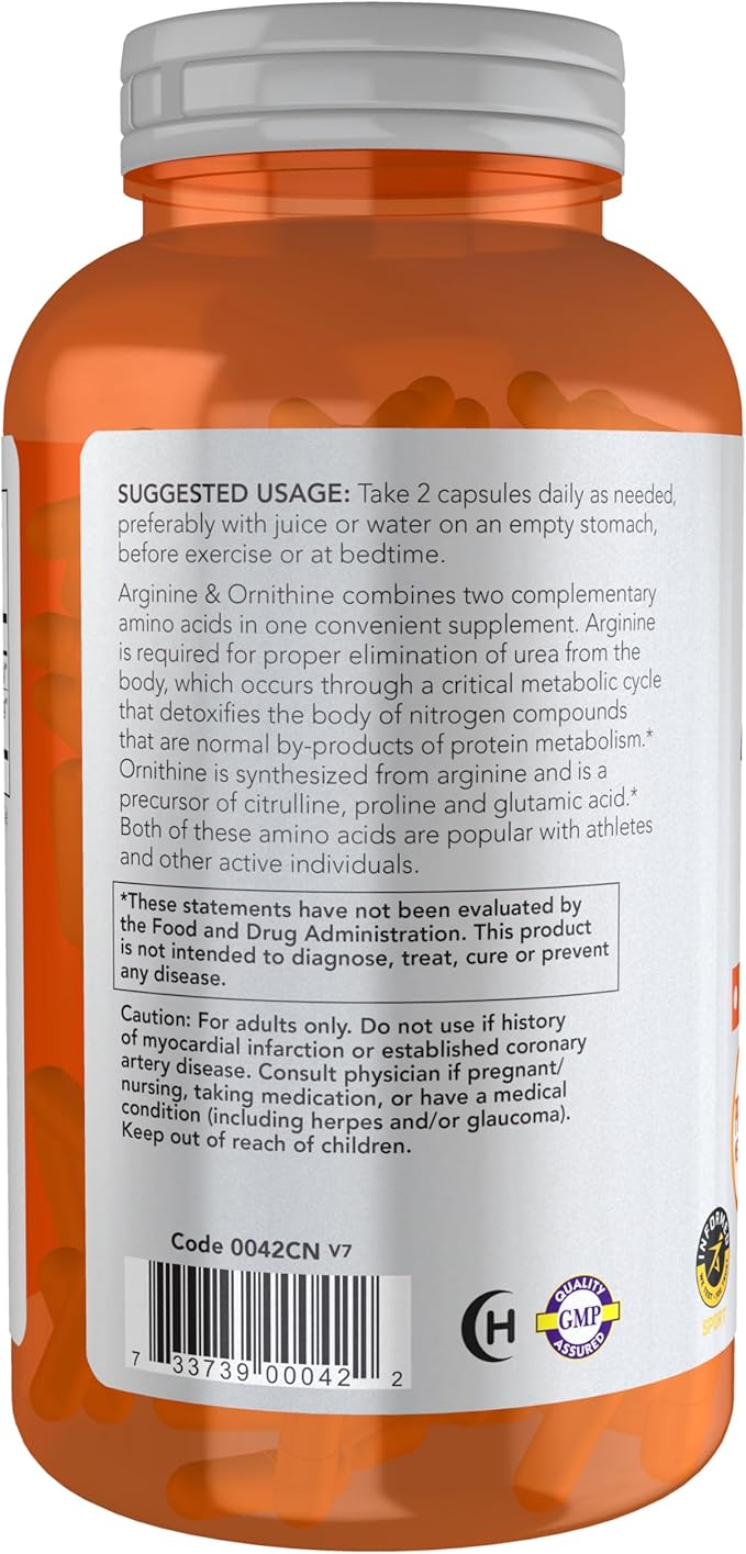 NOW Foods Sports Nutrition Arginine &amp Ornithine 500/250 mg Amino Acids 250 Veg Capsules