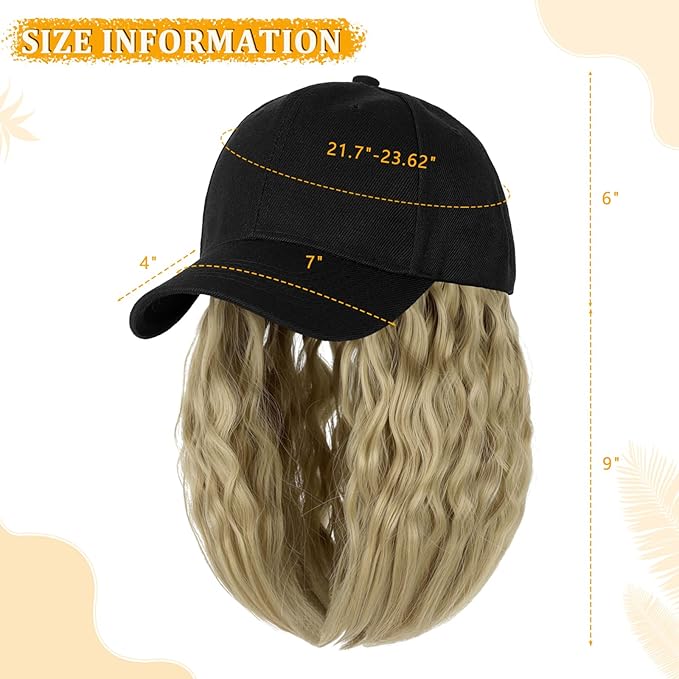 Baseball Cap with Hair Extensions Hat Wig Adjustable Hat Attached Curly Wave 14 Synthetic Hairpiece for Women Ash Blonde