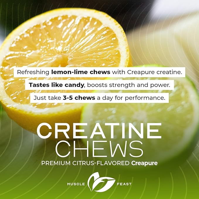 Muscle Feast Creatine Monohydrate Chewables - Vegan &amp Gluten-Free Creapure Creatine Chews for Men &amp Women - Delicious Citrus-Flavored Creatine Tablets for Muscle Building - Lemon Lime 360 Tab