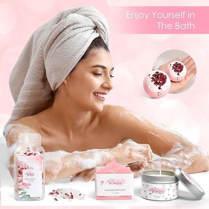 Mother's Day GiftsRose Spa Gifts Set Bath Gifts Set for Women Relaxing Spa Gift Basket for Women Self Care Package Home Spa Products Birthday Gifts for Mom Mother's Day (Rose)
