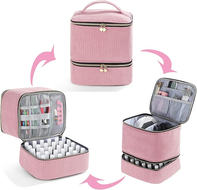 Corduroy Nail Polish Organizer and Nail Lamp Case Nail Kit Organizer Holds 30 Bottles (15ml - 0.5 fl.oz) and a Nail Lamp Nail Polish Carrying Case with Manicure Tools Storage Sections (Pink)