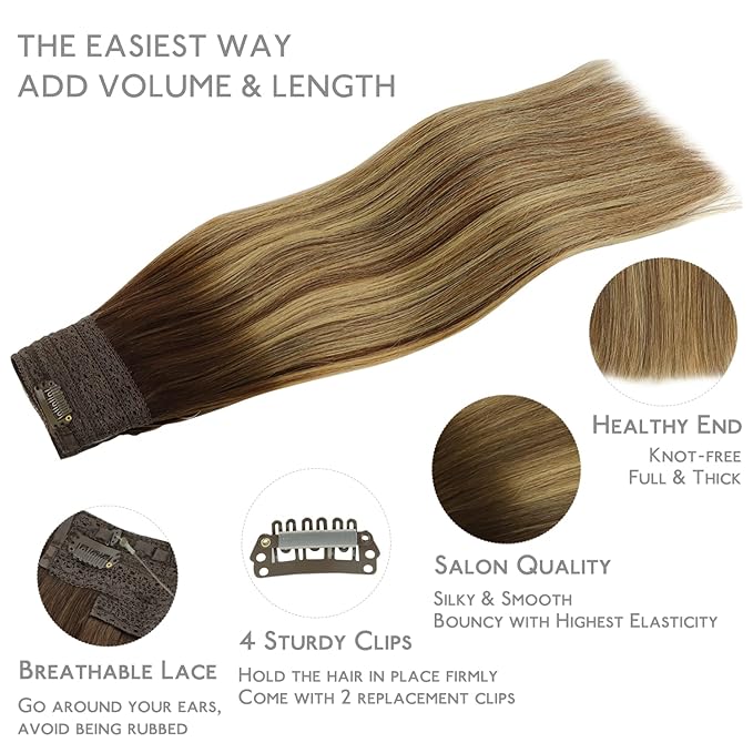 WENNALIFE Wire Hair Extensions(Increase 50% Lifespan) Real Human Hair 20 inch 140g Balayage Chocolate Brown to Honey Blonde Remy Hair Invisible Transparent Wire Fish Line Straight Reusable Natural