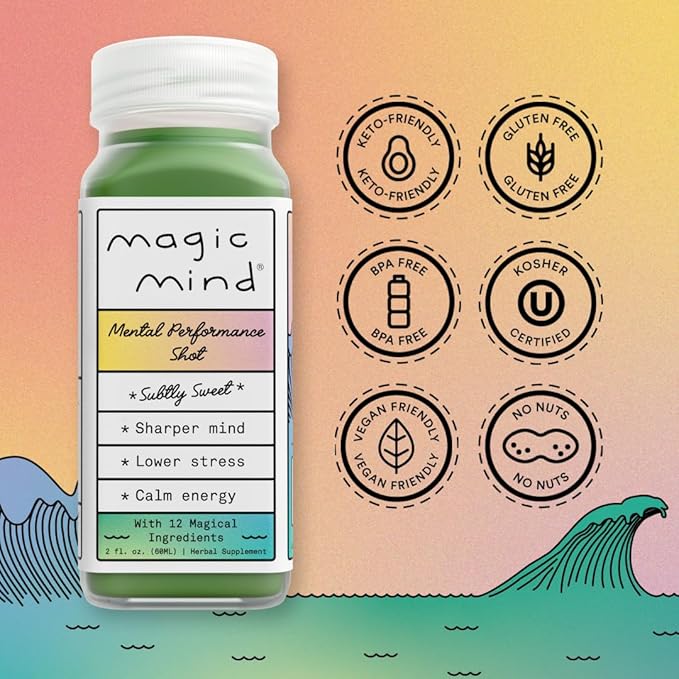 Magic Mind Energy And Focus Drink Shots - Stress Relieving No Jitters Ashwagandha Vitamin B12 Vitamin C Matcha Green Tea Functional Mushrooms - 2 FL Oz (15 Pack)