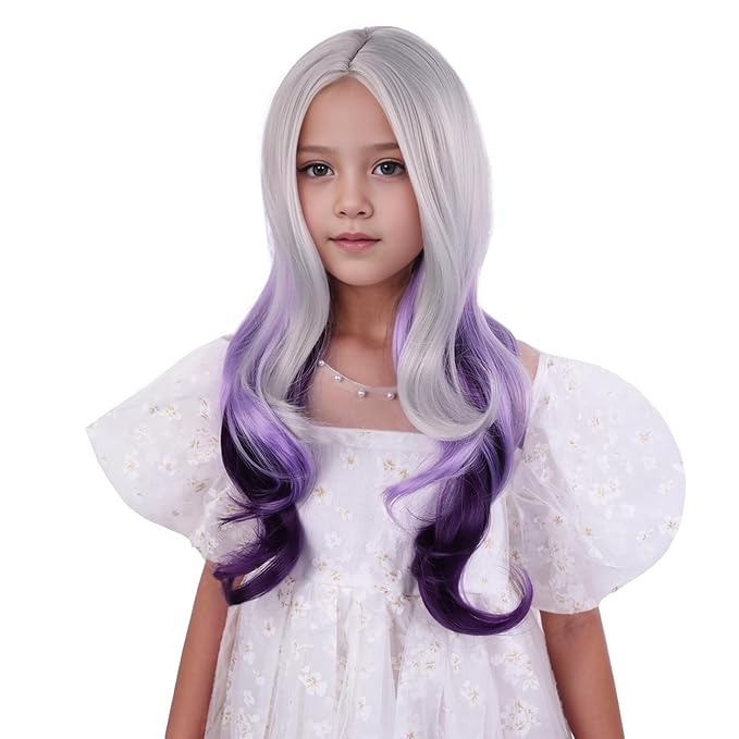 Silver Gray Ombre Purple Wig for Child Girls Long Grey Ombre Purple Middle Part Wig Kids Silver Gray to Wavy Curly Wigs Heat Resistant Synthetic Wigs with Cap