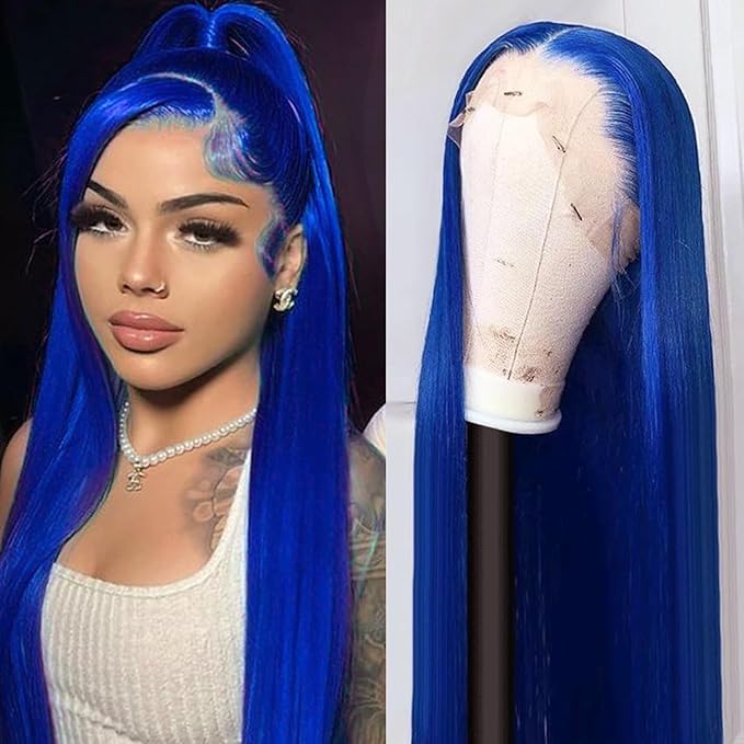 PANDA ANGEL Straight Lace Front Wigs Human Hair Blue 13x4 Hd Transparent Lace Frontal Wig Wear and Go Glueless Navy Blue Wigs Human Hair for Black Women Colorful Dark Blue Lace Front Wig 36 Inch