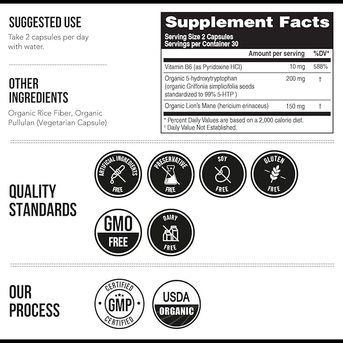 Organic 5-HTP - 200 mg | 99% 5HTP Concentration Plus Cofactor Vitamin B6 &amp Lion?™s Mane | Water Extracted from Organic Griffonia Seeds | Supports Mood Cognition &amp Sleep (60 Capsules | 30 Serv