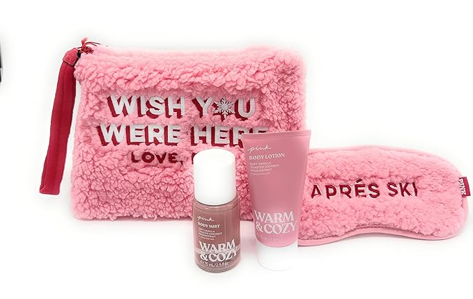 Victoria's Secret PINK Warm &amp Cozy 4-Piece Gift Set: Bag Eye Mask Mist Lotion each 2.5 fl oz