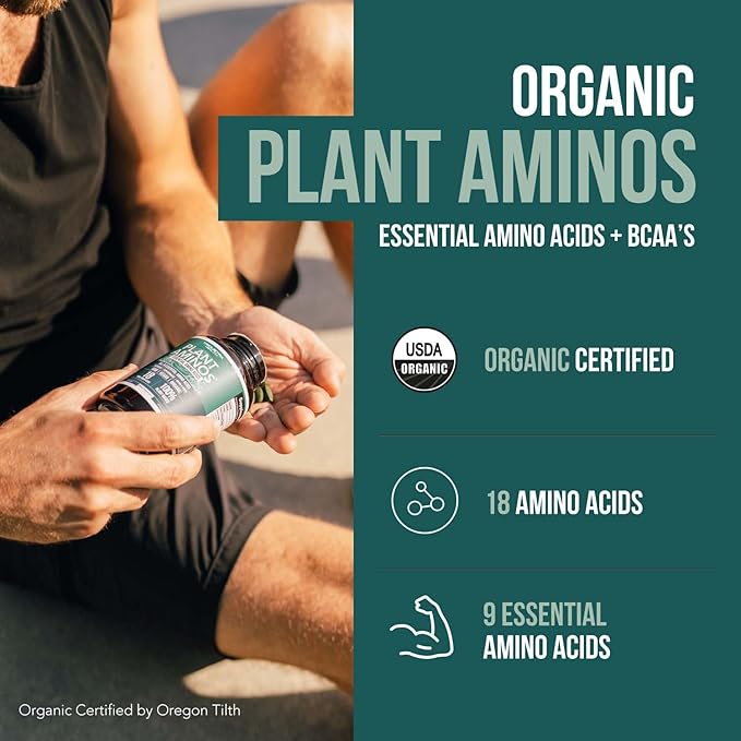Plant Aminos Organic Essential Amino Acid Supplement (EAAs) &amp BCAA - 100% Plant-Based Raw Vegan - All 9 Essential Amino Acids with 18 Total Amino Acids (360 Tablets)