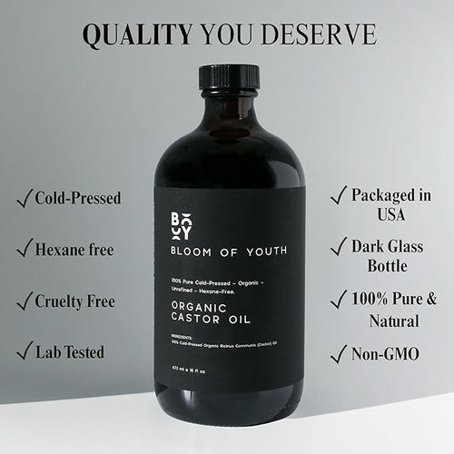 100% Pure Cold Pressed Organic Castor Oil Glass Bottle 16oz | Hexane Free Unrefined USDA Certified | For Hair Growth Skincare Castor Oil Pack Face Joints Carrier Oil Eyelashes Eyebrows
