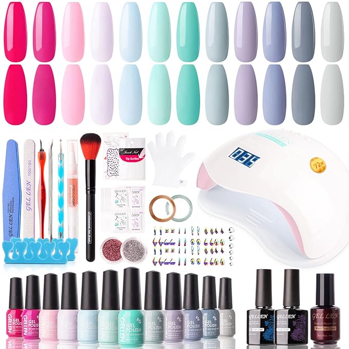 Gellen Gel Nail Polish Kit with U V LED Light 72W Nail Dryer 12 Trendy Colors Nail Gel Polish No Wipe Top Base Coat Nail Art Decorations Manicure Tools All-In-One Manicure Kit Bright and Pastels