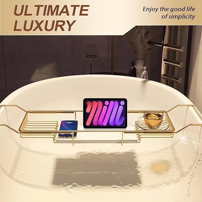 BVL Bathtub Tray Stainless Steel with Marble Base Gold Bathtub Tray with White Marble Base Adjustable &amp Rustproof Bath Caddy for Spa Relaxation Bath Bombs