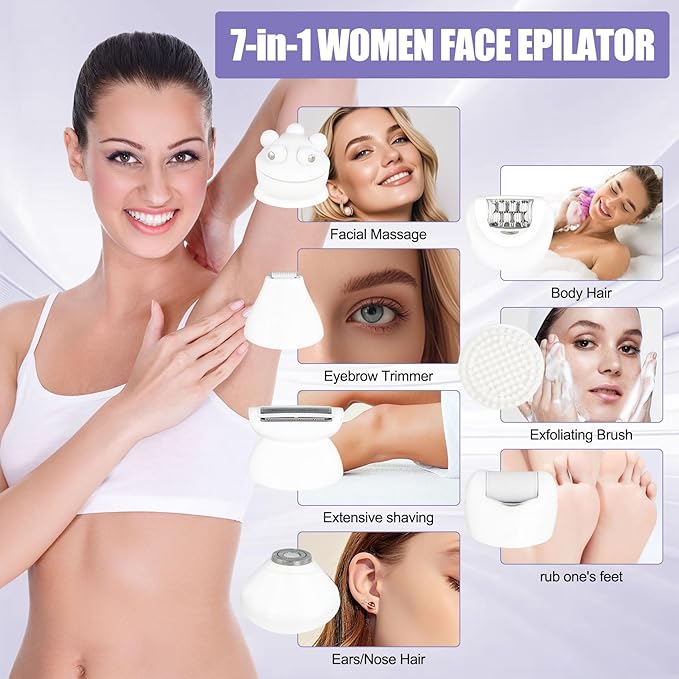 3.0 Women Face Epilator 7-in-1 Rechargeable Facial Hair Remover with LED Battery Display Facial Shaver for Face Eyebrow Nose Trimmer (White)