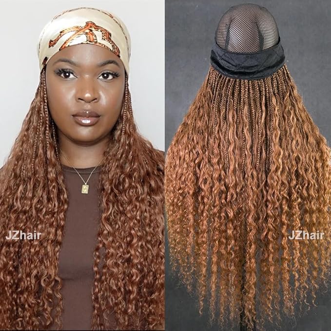 #30 Light Brown Braids Band Wig With Human Hair Curly Ends Boho Box Braids Head Band Wig Grab And Go Braided Hair Extensions For Women Color 30 20 Inch