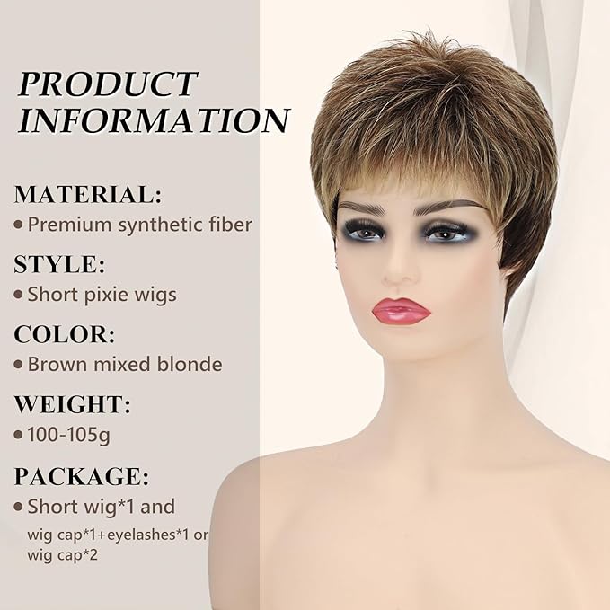 Short Pixie Wigs for White Women Natural Layered Short Brown Wigs with Blonde Highlights Synthetic Short Hair Womens Wig