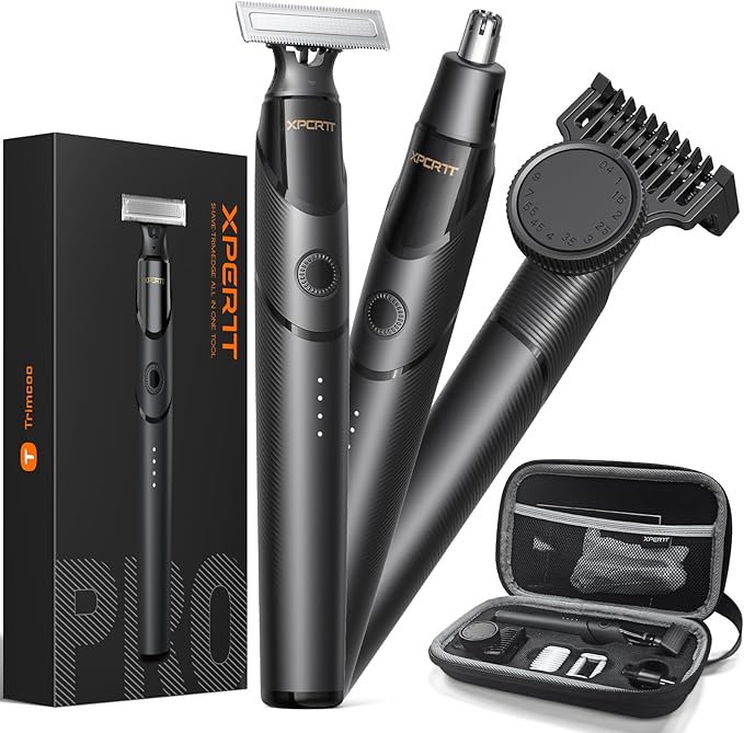 [2025 Upgraded] Beard &amp Nose Hair Trimmer Kit [All-in-One] 12 in 1 Rotating Comb Travel Body Hair Electric Shaver for Men USB-C Fast Charging Painless Razor Waterproof Wet/Dry Black(Pack)