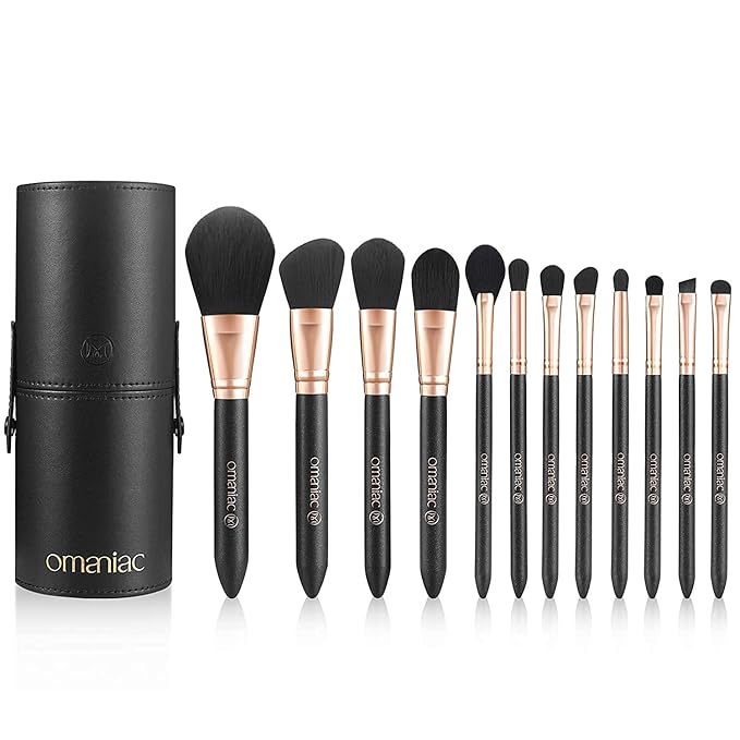 OMANIAC Makeup Brush Set Professional 12 Pearlescent Wood Handle Makeup Brushes Premium Cruelty-Free Synthetic Fiber Hair Travel Make up Brushes Set with Case (Black).