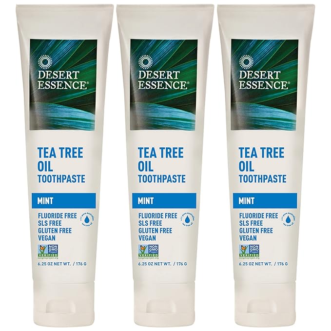 Desert Essence Tea Tree Oil Toothpaste - Mint - 18.75 Oz (6.25 Oz * Pack of 3) - Refreshing Taste - Deep Cleans Teeth &amp Gums - Helps Fight Plaque - Sea Salt - Pure Essential Oil - Baking Soda