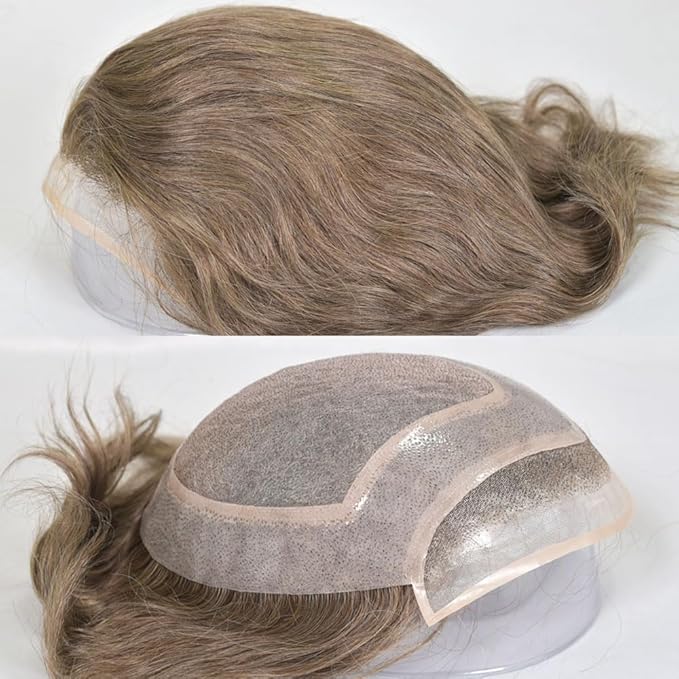 Men's Toupee 10×8 European Virgin Human Hair Toupee Hair pieces for Men Thin Skin Hair Replacement System Lace Front+ Mono Net with PU around Base for Men (#6 color)