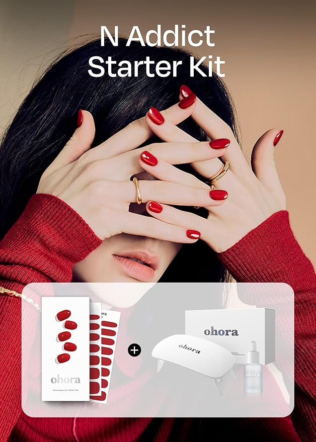 ohora Bundle Set (N Addict Starter Kit) - Red Solid Gel Nail Strips with UV/LED Lamp and Mini Remover Salon-Quality Long Lasting Easy to Apply &amp Remove - Includes Prep Pads Nail File Wooden S