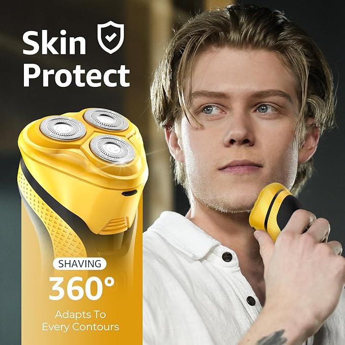 Rechargeable Electric Razor for Men: 3-in-1 Shaver for Beard/Nose/Sideburns - IPX7 Waterproof Travel Kit - Turbo Speed &amp Precision BladesCyber Yellow