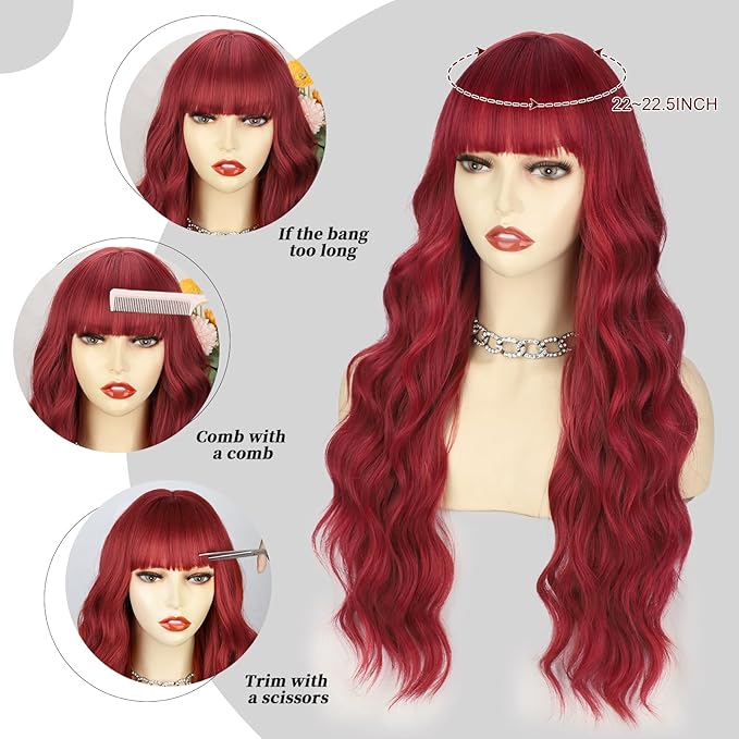 Lativ Red Wig With Bangs Long Red Wigs for Women 26 Inches Curly Wavy Hair Natural Looking Heat Resistant Fiber Wig for Girls Halloween Party Use