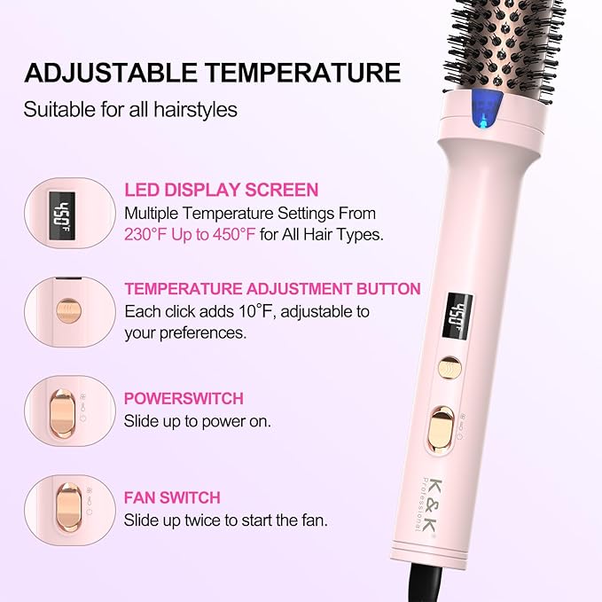 K&ampK 1.5 inch Blowout Look -Thermal Brush Creates Root Volume &amp Loose Curls Volume Curls Dual Voltage Cool-AIR TECH Hair Styling Tool