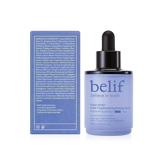 belif Super Drops Multi-7 Hyaluronic Hydrating Serum - 24-hr Moisturization Hyaluronic Acid Panthenol Lightweight Daily Essence | Korean Skincare (1.01 fl. oz)