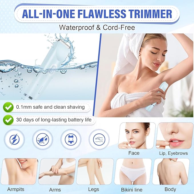 Women's Bikini Trimmer 2-in-1 Electric Shaver for Bikini Line Legs Underarms Face - Waterproof Women's Electric Shaver for Sensitive Skin USB Rechargeable (Blue)