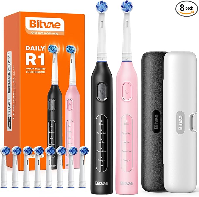 Bitvae Rotating Electric Toothbrush 2 Packs for Adults and Kids 8 Brush Heads 60-Day Battery Life 5 Modes Power Toothbrush with 2-Minute Smart Timer Black &amp Pink R1