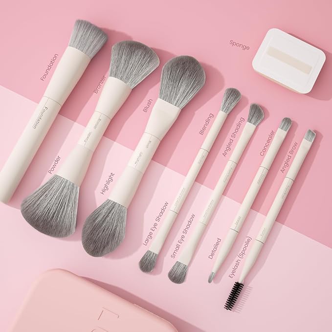 13-in-1 Dual-Ended Makeup Brush Set with Sponge &amp Travel Case ? 7 Multi-Functional Brushes for Face &amp Eyes ? Soft Bristles Wooden Handles ? Available in Cream Green or Pink (Blush Pink)